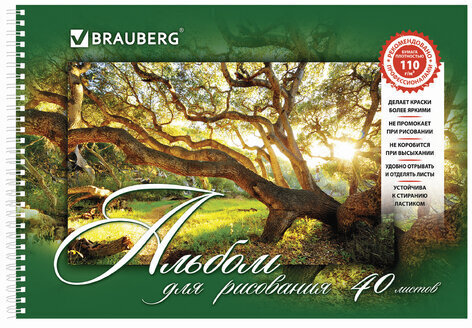 Альбом для рисования, А4, 40 листов, гребень, обложка картон, BRAUBERG, 205х290 мм, "Удивительная Природа" (2 вида), 102832