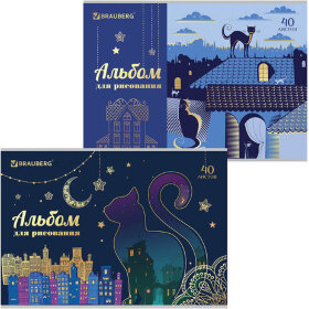 Альбом для рисования А4, 40 листов, скоба, тиснение фольгой, BRAUBERG, 202х285 мм, "Кошечки" (2 вида), 105102