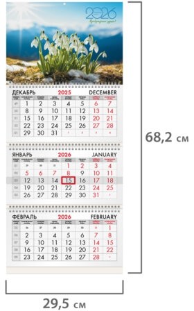 Календарь квартальный на 2026 г., 3 блока, 3 гребня, бегунок, офсет, BRAUBERG, "Подснежники", 116778