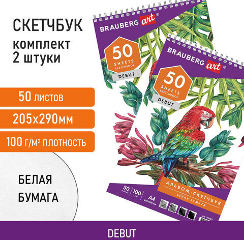 Скетчбук-блокнот для рисования белая бумага 100 г/м2, 205х290 мм, 50 л., КОМПЛЕКТ 2 шт., BRAUBERG, 880274