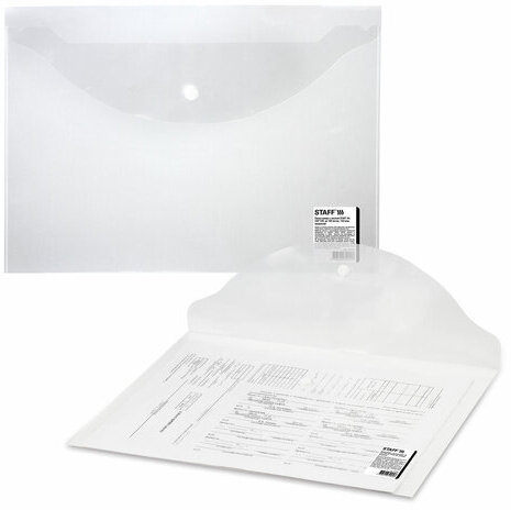 Папка-конверт с кнопкой STAFF, А4, до 100 листов, прозрачная, 0,15 мм, 270467