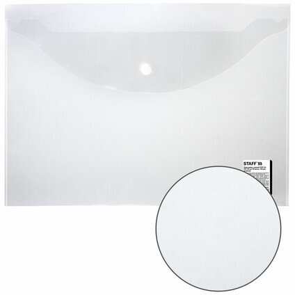 Папка-конверт с кнопкой STAFF, А4, до 100 листов, прозрачная, 0,15 мм, 270467