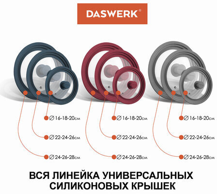 Крышка для любой сковороды и кастрюли универсальная 3 размера (16-18-20 см) антрацит, DASWERK, 607583