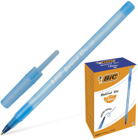 Ручка шариковая BIC "Round Stic", СИНЯЯ, корпус голубой, узел 1 мм, линия письма 0,32 мм, 921403