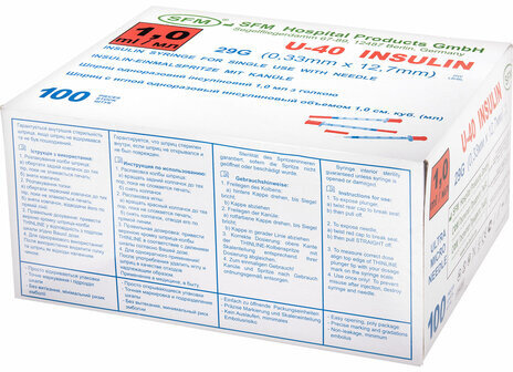 Шприц инсулиновый SFM, 1 мл, КОМПЛЕКТ 10 шт., в пакете, U-40 игла несъемная 0,33х12,7 мм - 29G, 534251