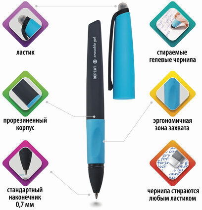 Ручка стираемая гелевая с эргономичным грипом BRAUBERG REPEAT, СИНЯЯ, +3 сменных стержня, узел 0,7 мм, линия письма 0,5 мм, 143663
