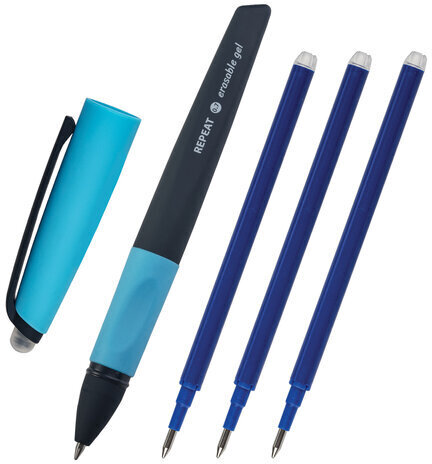 Ручка стираемая гелевая с эргономичным грипом BRAUBERG REPEAT, СИНЯЯ, +3 сменных стержня, узел 0,7 мм, линия письма 0,5 мм, 143663