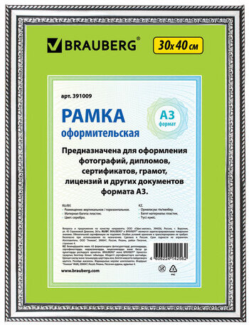 Рамка 30х40 см, пластик, багет 30 мм, BRAUBERG "HIT4", серебро, стекло, 391009