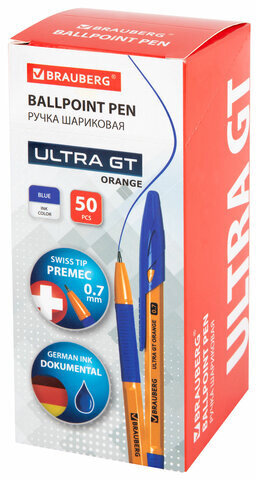 Ручка шариковая с грипом BRAUBERG "ULTRA GT ORANGE", СИНЯЯ, корпус оранжевый, линия 0,35 мм, 144052