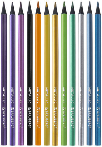 Карандаши цветные BRAUBERG METALLIC, 12 цветов металлик, черное дерево, трёхгранные, 181853