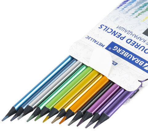 Карандаши цветные BRAUBERG METALLIC, 12 цветов металлик, черное дерево, трёхгранные, 181853