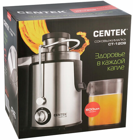 Соковыжималка CENTEK CT-1209, 600 Вт, стакан 0,5 л, емкость для жмыха 1,5 л, металл, сталь/черный