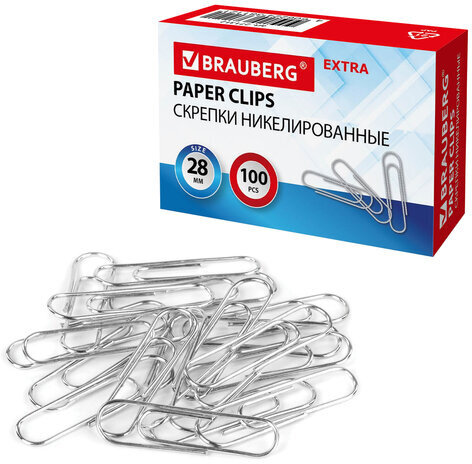 Скрепки EXTRA BRAUBERG 28 мм никелированные 100 штук, 271312