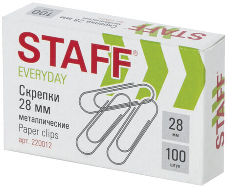 Скрепки STAFF "EVERYDAY", 28 мм, металлические, 100 шт., в картонной коробке, Россия, 220012