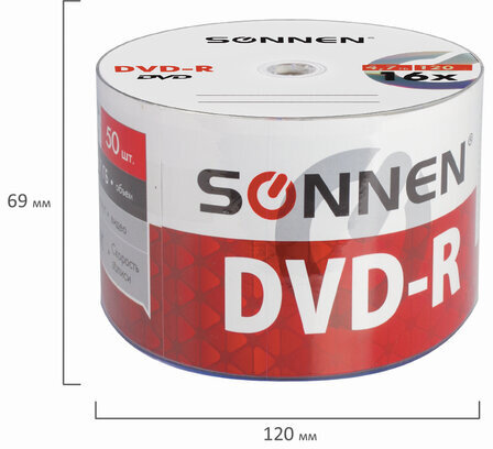 Диски DVD-R SONNEN 4,7 Gb 16x Bulk (термоусадка без шпиля), КОМПЛЕКТ 50 шт., 512574