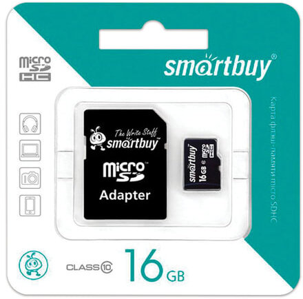 Карта памяти microSDHC, 16 GB, SMARTBUY, 10 Мб/сек. (class 10), с адаптером, SB16GBSDCL10-01