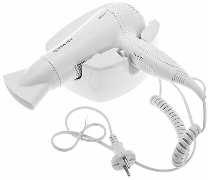 Фен для волос настенный BRAYER BR3021, 2000 Вт, пластиковый корпус, 2 скорости, белый