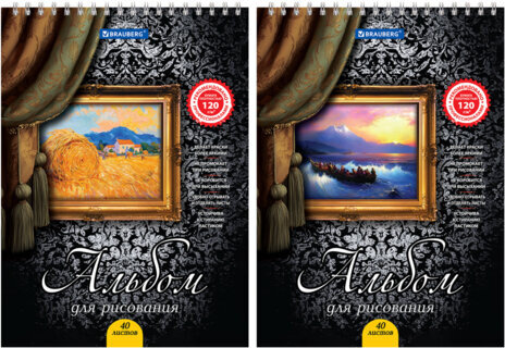 Альбом для рисования, А4, 40 листов, гребень, выборочный лак, подложка, 120 г/м2, BRAUBERG, 205х290 мм, "Картина" (2 вида), 102834