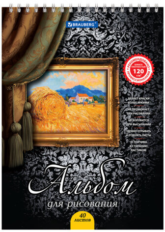 Альбом для рисования, А4, 40 листов, гребень, выборочный лак, подложка, 120 г/м2, BRAUBERG, 205х290 мм, "Картина" (2 вида), 102834