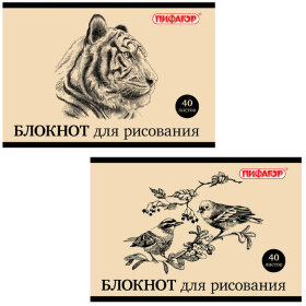 Блокнот для рисования, А4, 40 л., скоба, обложка офсет, горизонтальный, ПИФАГОР, 200х285 мм, "Дикий мир", 2 вида, 104874