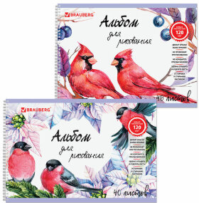 Альбом для рисования, А4, 40 л., гребень, выборочный лак, подложка, внутренний блок 120 г/м2, BRAUBERG, 205х290 мм, "Птицы" (2 вида), 105103