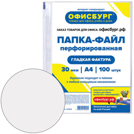 Папки-файлы перфорированные ОФИСБУРГ, А4, комплект 100 шт., гладкие, 30 мкм, 227525