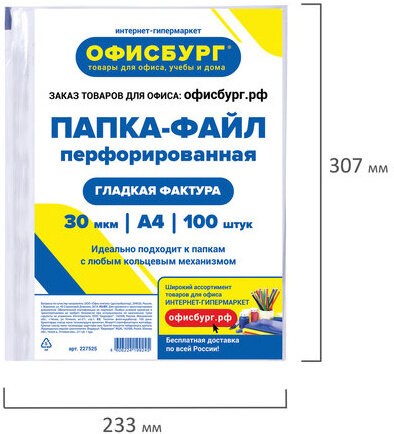 Папки-файлы перфорированные ОФИСБУРГ, А4, комплект 100 шт., гладкие, 30 мкм, 227525