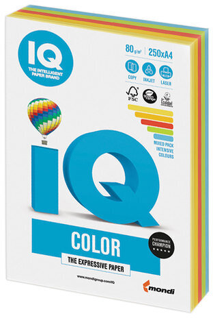 Бумага цветная IQ color, А4, 80 г/м2, 250 л., (5 цветов x 50 листов), микс интенсив, RB02