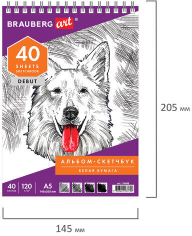 Скетчбук, белая бумага 120 г/м2, 145х205 мм, 40 л., гребень, жёсткая подложка, BRAUBERG ART DEBUT, 110988