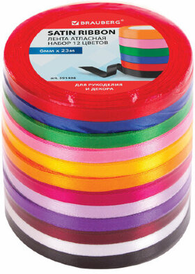 Лента атласная ширина 6 мм, набор 12 цветов по 23 м, BRAUBERG, 591498