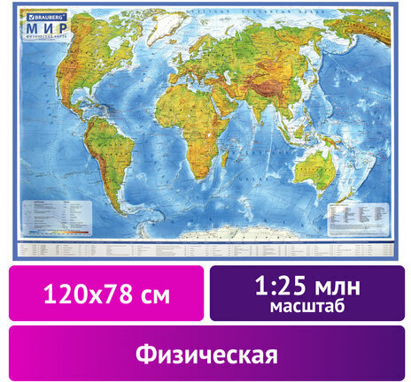 Карта мира физическая 120х78 см, 1:25М, с ламинацией, интерактивная, европодвес, BRAUBERG, 112379