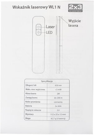 Указка лазерная "2х3" ("Дважды три", Польша), радиус действия 200 м, красный луч, WL001 N
