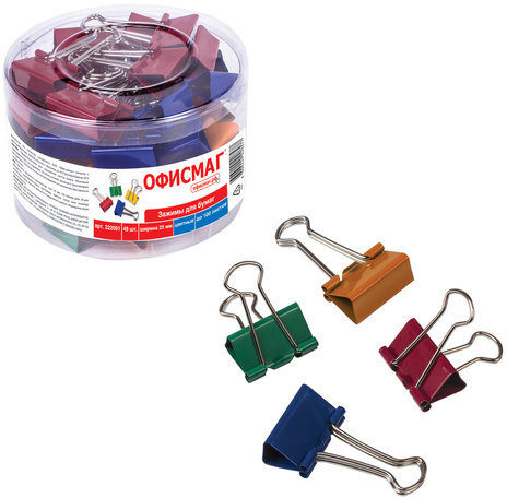 Зажимы для бумаг ОФИСМАГ, КОМПЛЕКТ 48 шт., 25 мм, на 100 листов, цветные, в пластиковом цилиндре, 222091