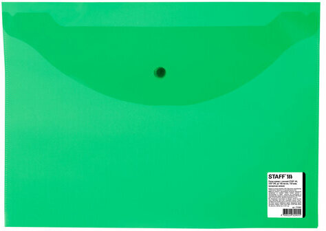 Папка-конверт с кнопкой STAFF, А4, до 100 листов, прозрачная, зеленая 0,15 мм, 270468
