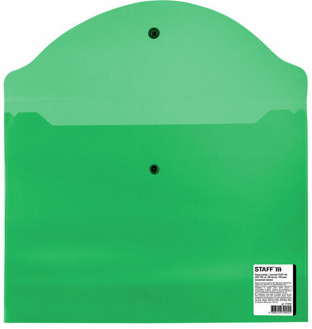Папка-конверт с кнопкой STAFF, А4, до 100 листов, прозрачная, зеленая 0,15 мм, 270468