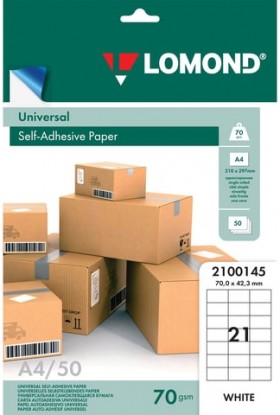 Этикетка самоклеящаяся 70х42,3 мм, 21 этикетка, белая, 70 г/м2, 50 листов, LOMOND, 2100145