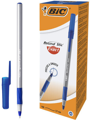 Ручка шариковая с грипом BIC "Round Stic Exact", СИНЯЯ, корпус серый, узел 0,7 мм, линия письма 0,28 мм, 918543