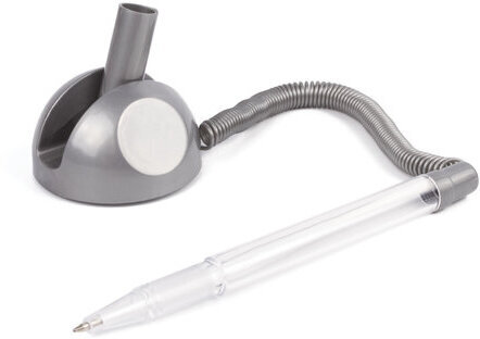 Ручка шариковая настольная BRAUBERG "Стенд-Пен", СИНЯЯ, пружинка, корпус серебристый, линия письма 0,5 мм, 142164