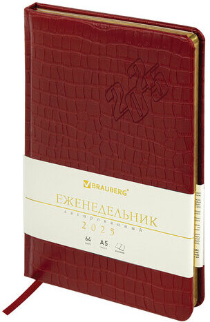 Еженедельник датированный 2025, А5, 145х215 мм, BRAUBERG "Comodo", под кожу, красный, 115958