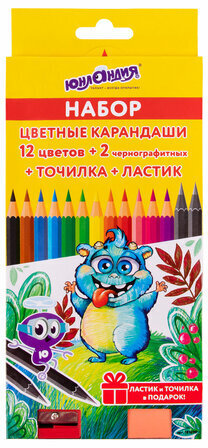 Карандаши цветные ЮНЛАНДИЯ &quot;МОНСТРИК&quot;, НАБОР 12 цветов + 2 чернографитных карандаша + ластик + точилка, заточенные, шестигранные, 181690