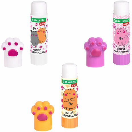 Клей-карандаш "Лапки" Cat Paw, 9 г, фигурный колпачок, 3 шт. на блистере, BRAUBERG KIDS, 271982