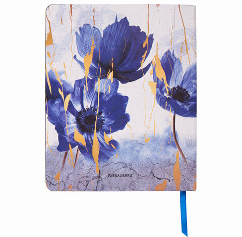 Тетрадь А5 (168х208 мм), 80 л., сшивка, клетка, под кожу, BRAUBERG VISTA, "Blue flowers", 403920