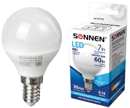 Лампа светодиодная SONNEN, 7 (60) Вт, цоколь Е14, шар, холодный белый свет, 30000 ч, LED G45-7W-4000-E14, 453706