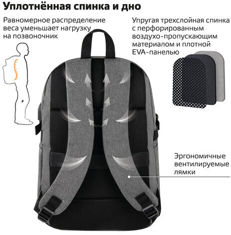 Рюкзак BRAUBERG URBAN универсальный, с отделением для ноутбука, USB-порт, "Charge", серый, 46х31х15 см, 271655