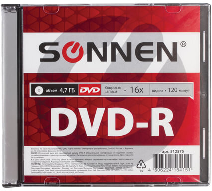 Диск DVD-R SONNEN, 4,7 Gb, 16x, Slim Case (1 штука), 512575