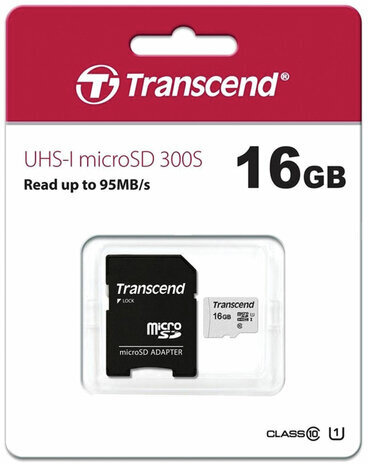 Карта памяти microSDHC 16 GB TRANSCEND UHS-I U1, 95 Мб/сек (class 10), адаптер, TS16GUSD300S-A
