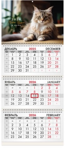 Календарь квартальный на 2026 г., 3 блока, 3 гребня, бегунок, офсет, BRAUBERG, "Кот", 116780