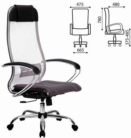 Кресло офисное МЕТТА "К-3" хром, ткань-сетка, сиденье и спинка регулируемые, темно-серое
