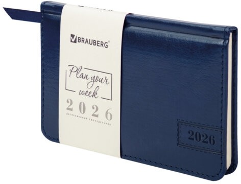 Еженедельник датированный 2026, МАЛЫЙ ФОРМАТ 95х155 мм, А6, BRAUBERG "Imperial", под кожу, синий, 117187