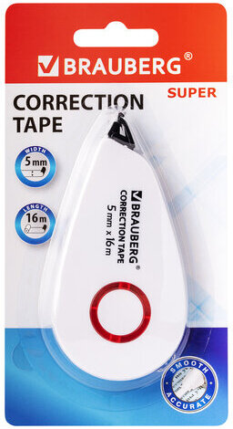 Корректирующая лента BRAUBERG SUPER, 5 мм х 16 м, корпус белый, блистер, 229061